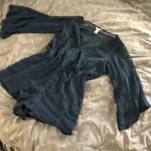 Forever 21 Dark Blue Mesh Long Sleeve Romper